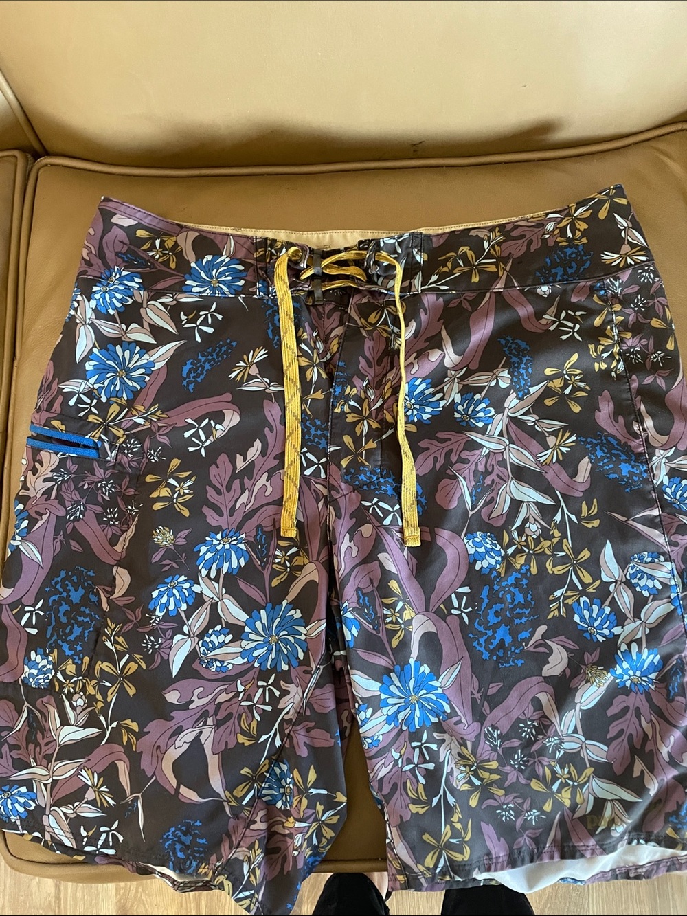 Patagonia Floral Swim Board Shorts in Black, Blue, Purple with Yellow Drawstring